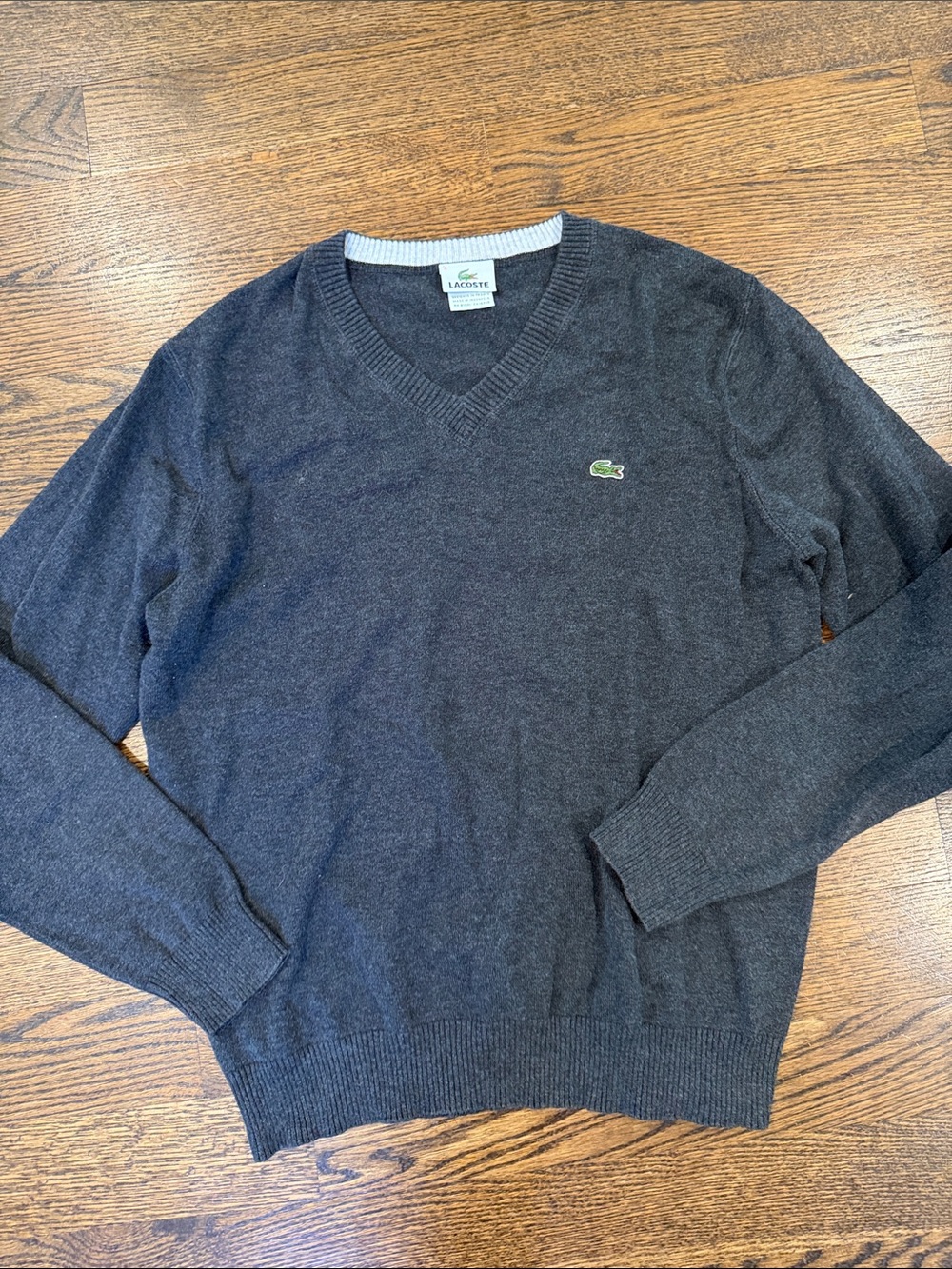 Lacoste Men's Dark Gray V-Neck Sweater with Green Crocodile Logo